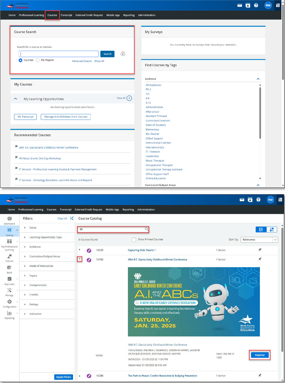 Screenshot showing course catalog search