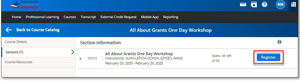 Screenshot showing registration button