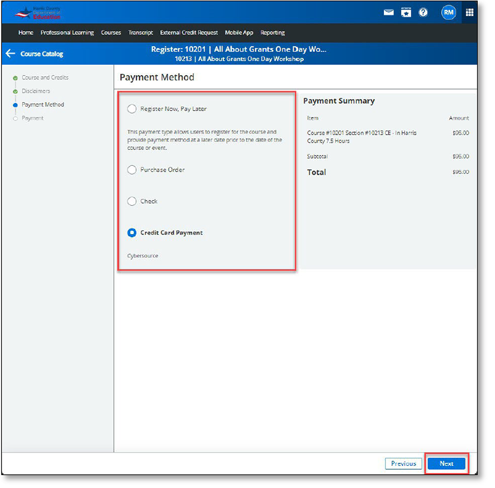 Screenshot showing payment options