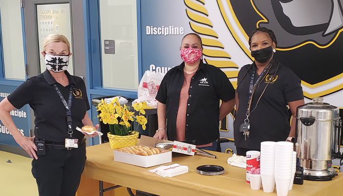 June 4, 2021 - ABS West Celebrates Donut Day with Firefighters, staff, and principal, Dr. Victor Keys.